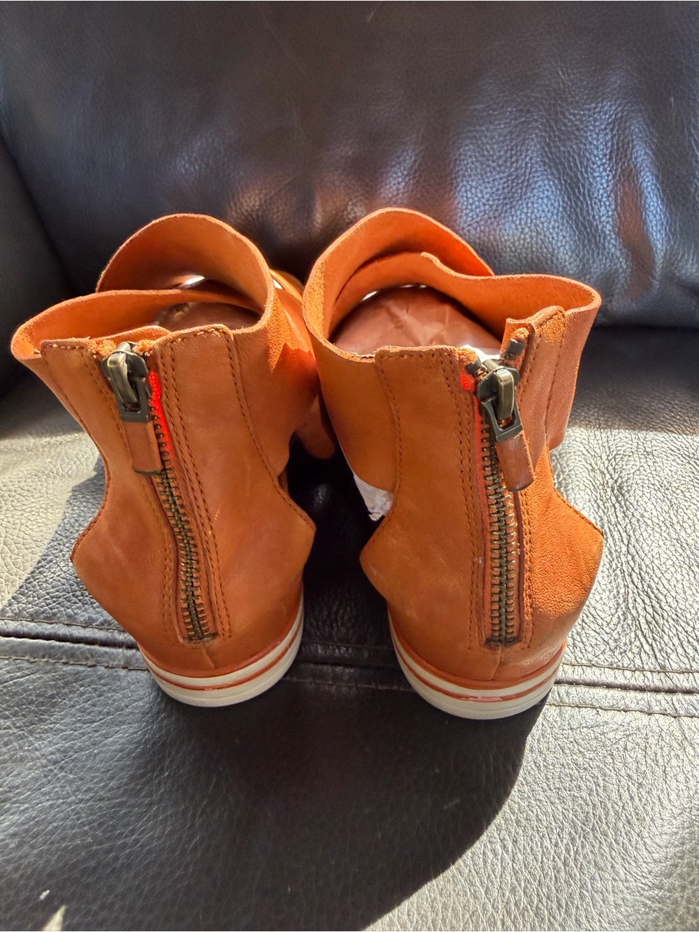Eileen Fisher Orange Leather Crisscross Strap Sandals - Picture 2 of 8